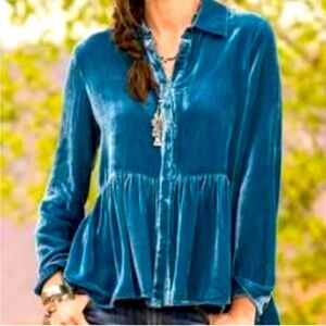 Sundance Silk Velvet Ruffle Peplum Top Long Sleeve Collared Blouse blue sz S